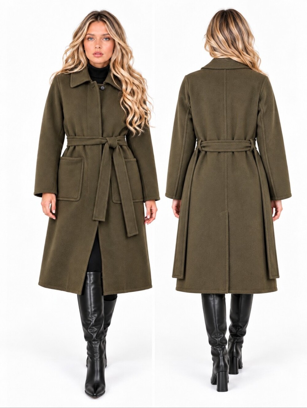 Vince Patch Pocket Belted Wool Blend Coat Olive Green Medium EUC $695